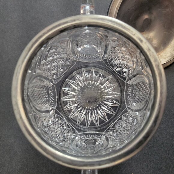Vintage Clear Pressed Glass Sugar Bowl With Metal Lid & Dual Handles - Picture 3 of 9